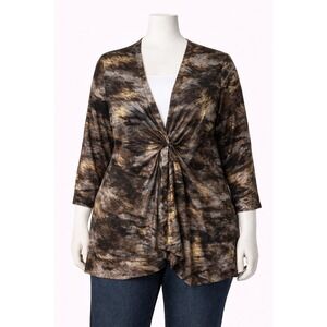 George Simonton Womens 3X Brown Multi Abstract Print Drape Front Cardigan with H